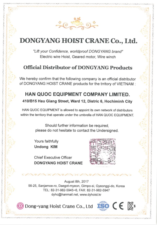 Chứng nhận phân phối palang Dongyang Hàn Quốc tại Việt Nam